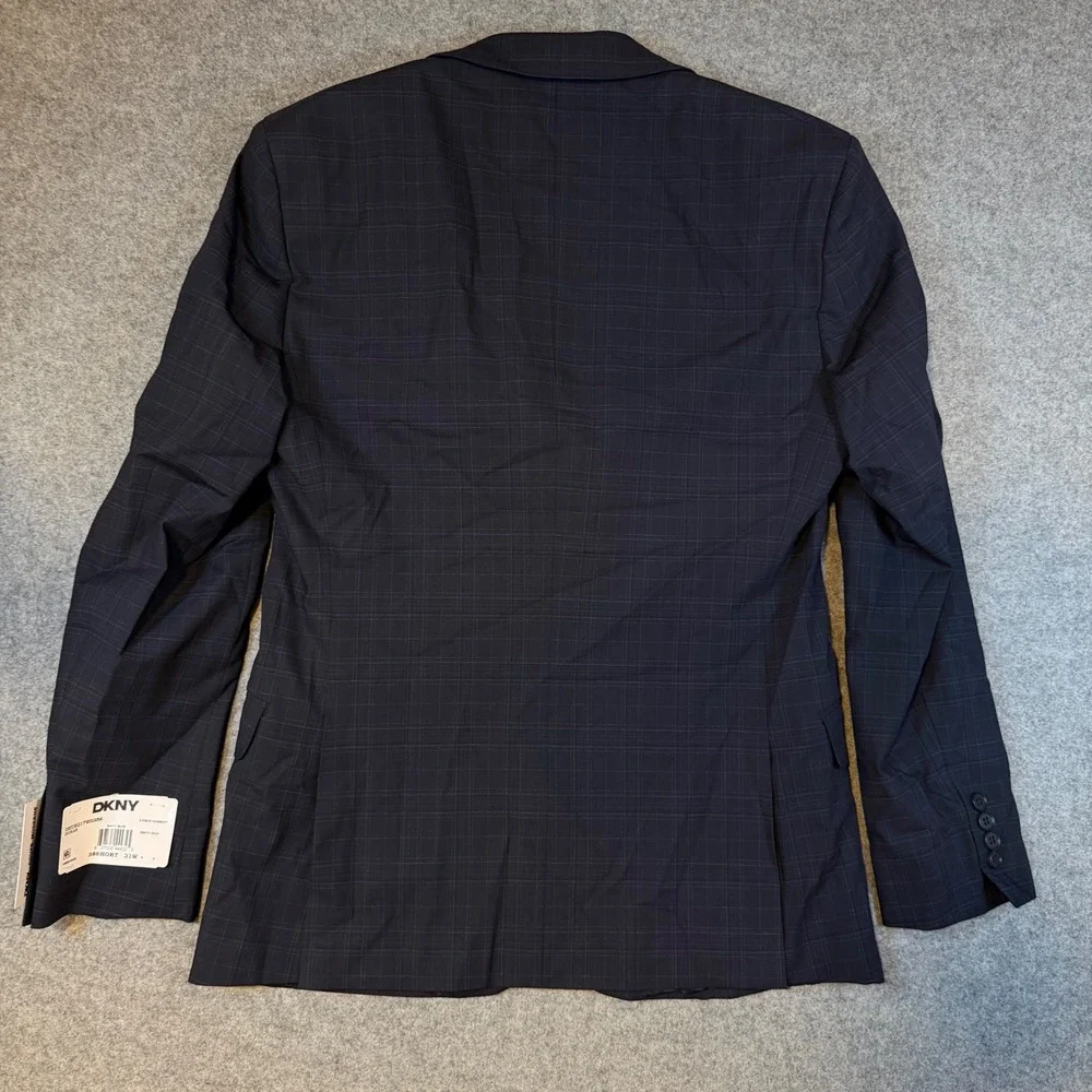 DKNY Duran Men 2 Piece Suit 38 Short 31W Navy Blue Plaid Modern Fit DNUR217W0356